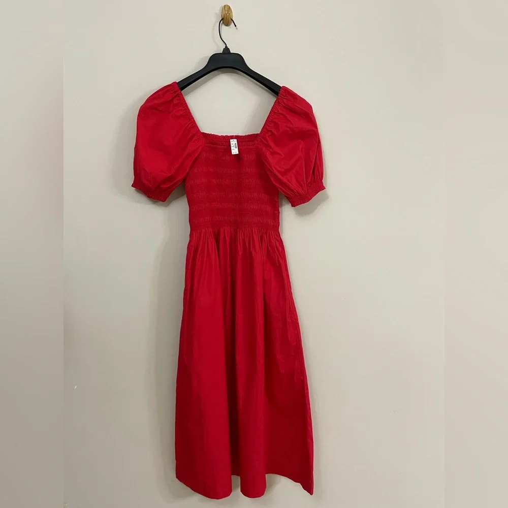 Madewell Smocked Puff Sleeve Midi Dress in Poplin NWT Size XS